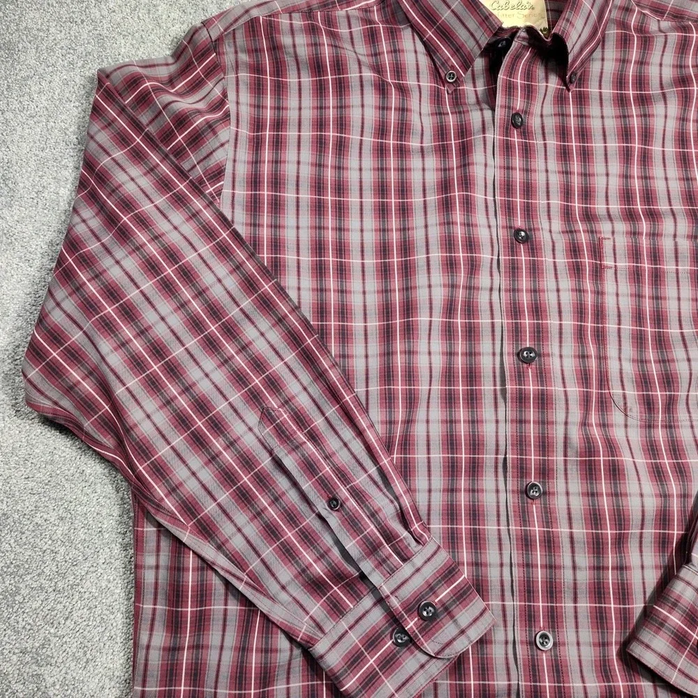 Cabela's Outfitter Series Mens Plaid Button Down Shirt Burgundy Gray L/L Cotton